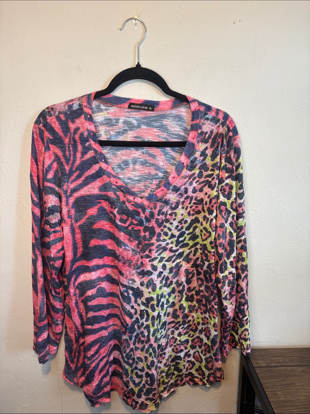 David Cline XL Mixed Animal Print Embellished V-Neck Top Blouse